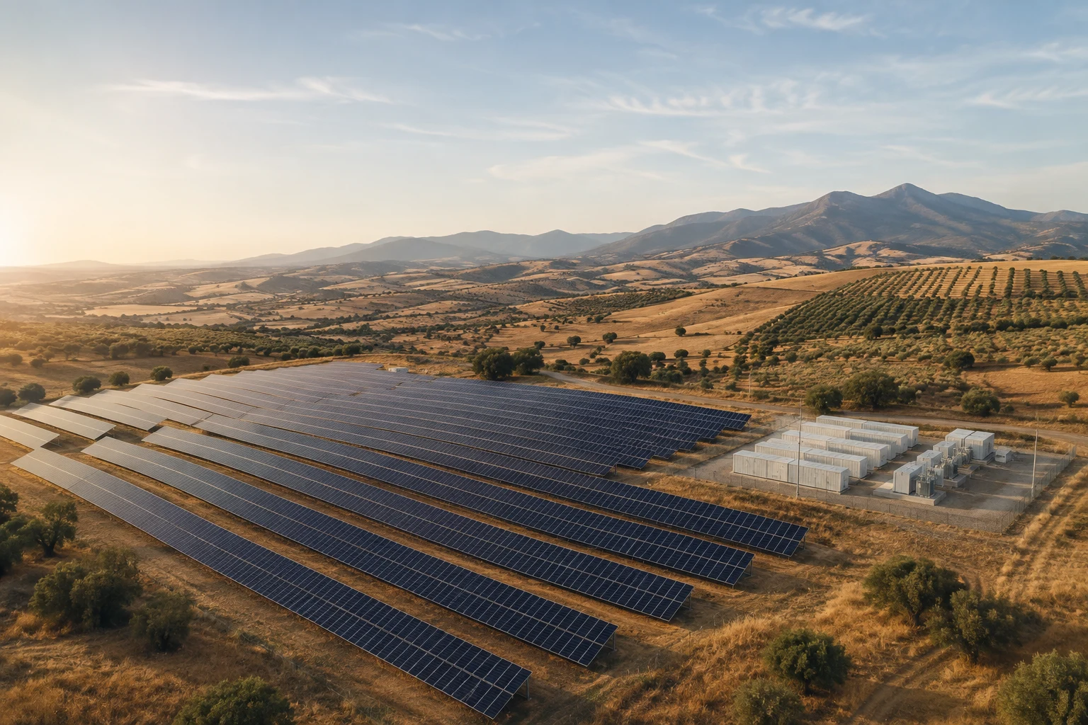 Concept image of solar generation and battery storage in the Spanish countryside